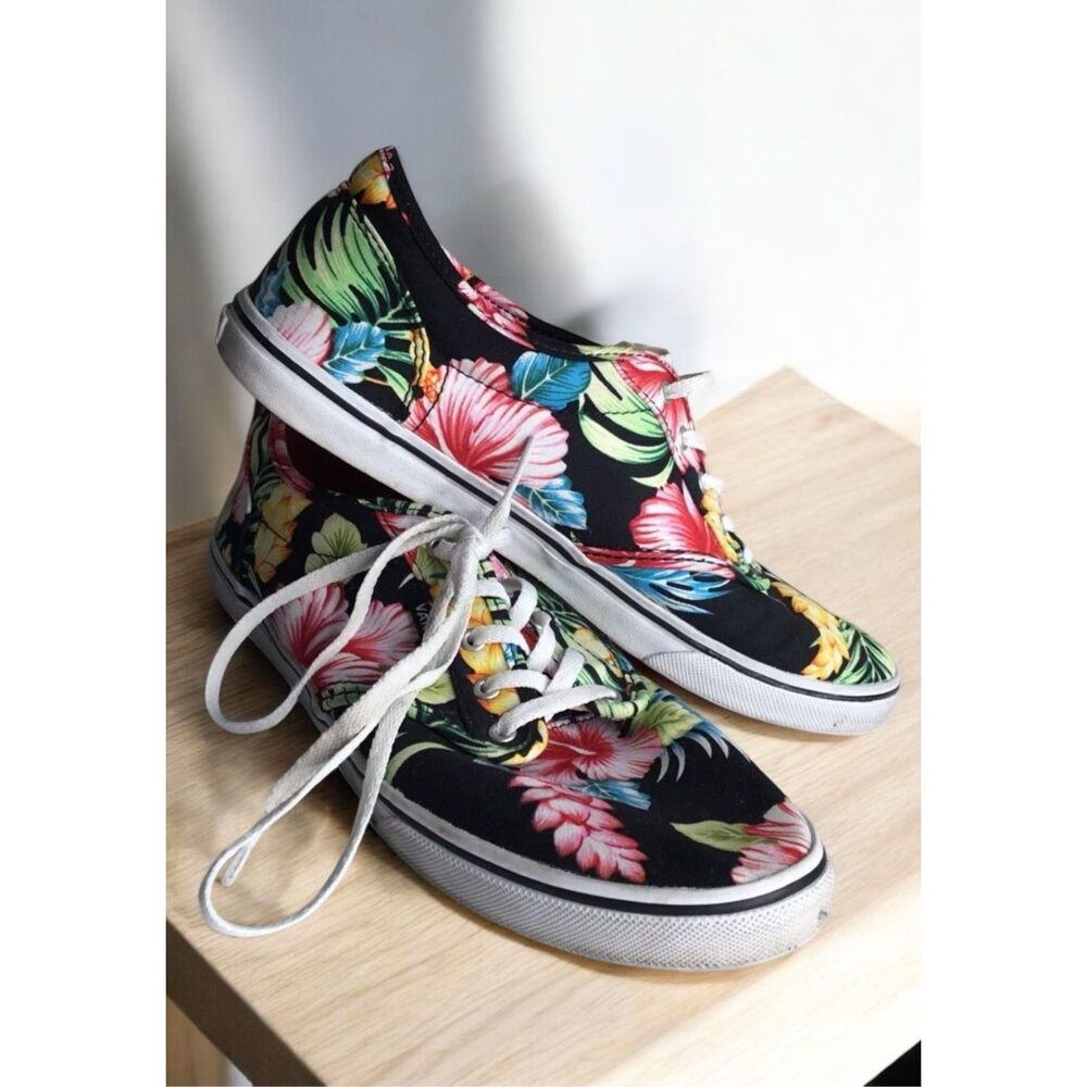 Vans Sneakers Shoes Hawaiian Tropical Black‎ Floral Print Women Size 8,5 Lace Up